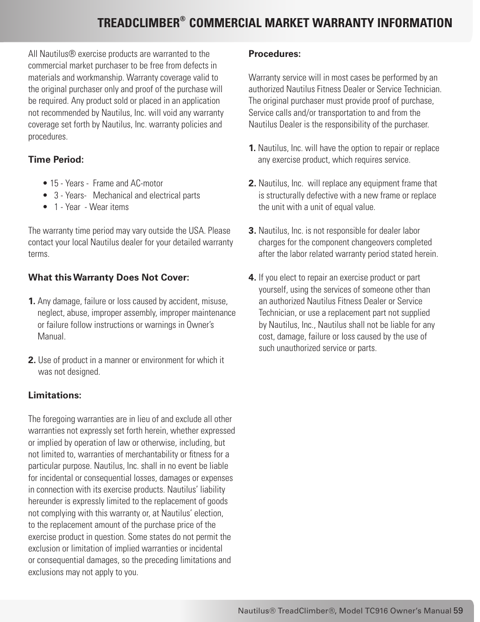 Treadclimber, Commercial market warranty information | Nautilus TREADCLIMBER TC916 User Manual | Page 59 / 62