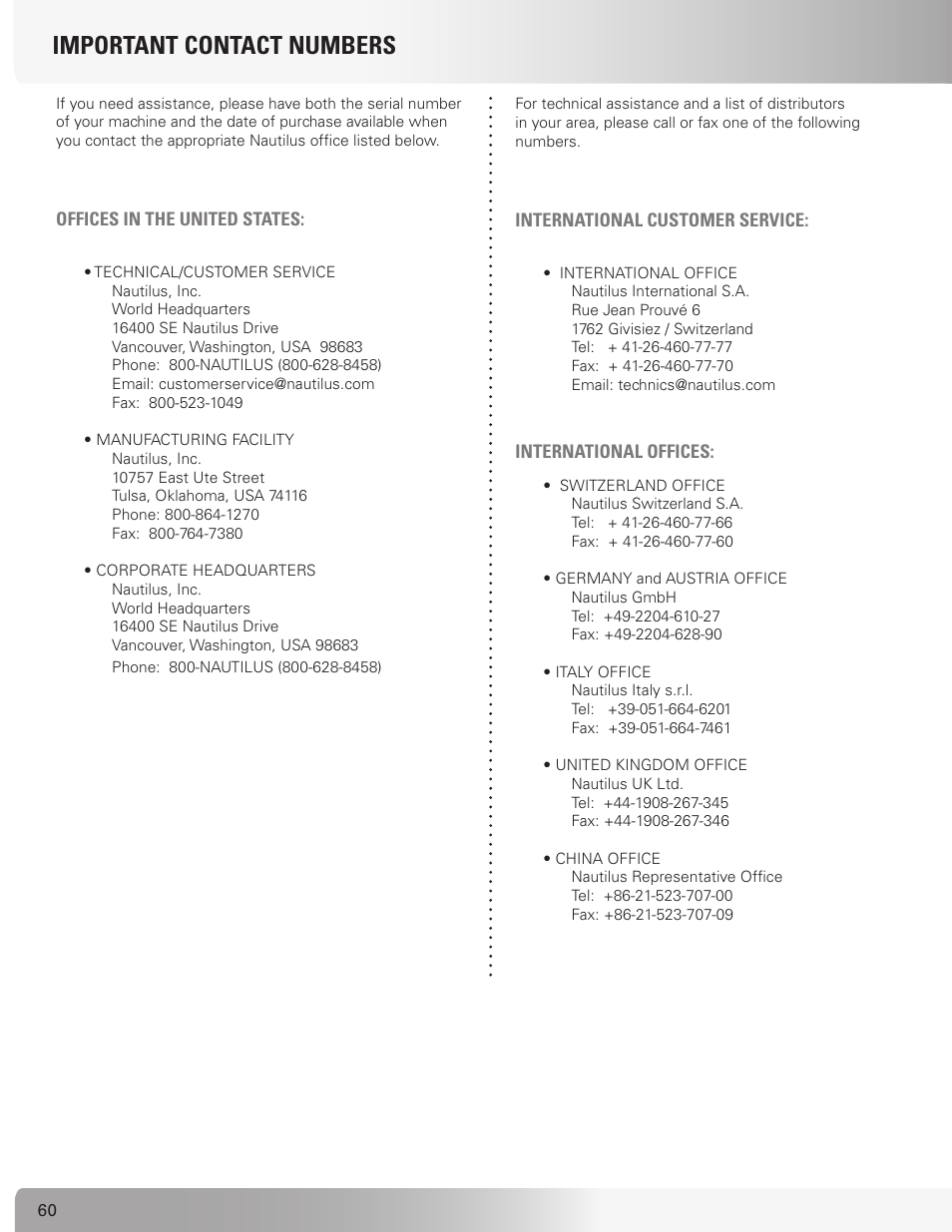 Important contact numbers | Nautilus TREADCLIMBER TC916 User Manual | Page 60 / 62