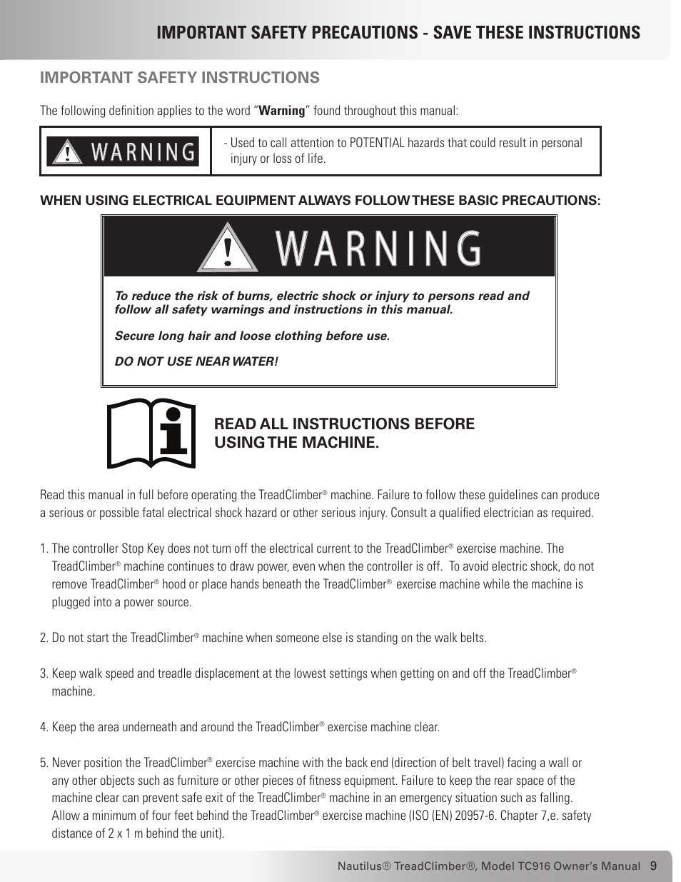 Nautilus TREADCLIMBER TC916 User Manual | Page 9 / 62