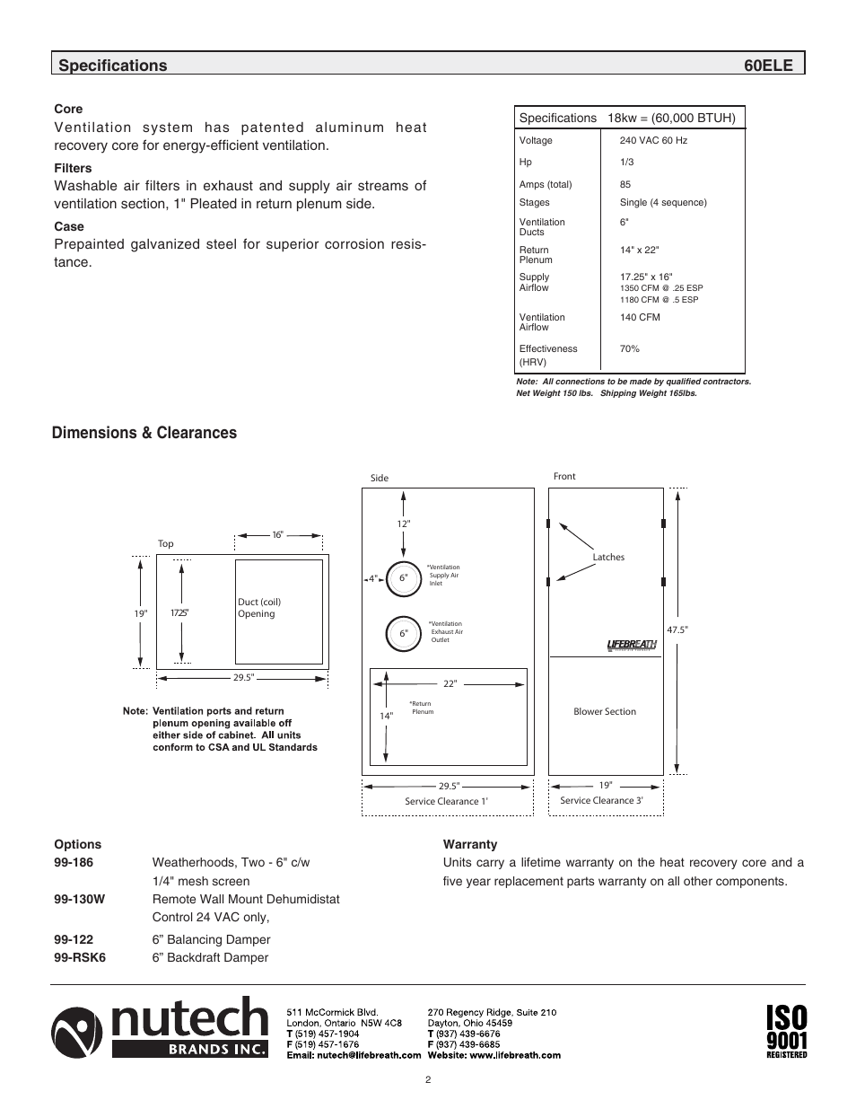 Dimensions & clearances, Specifications 60ele | Lifebreath CLEAN AIR FURNACE 60ELE User Manual | Page 2 / 16