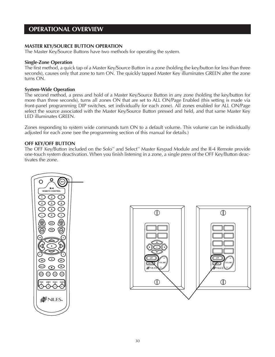 Operational overview, And select, Off button on the hand-held r-4 remote accessory | Off key on the solo, Master keypad module figure 23 | Niles Audio A4.6Ci User Manual | Page 30 / 107