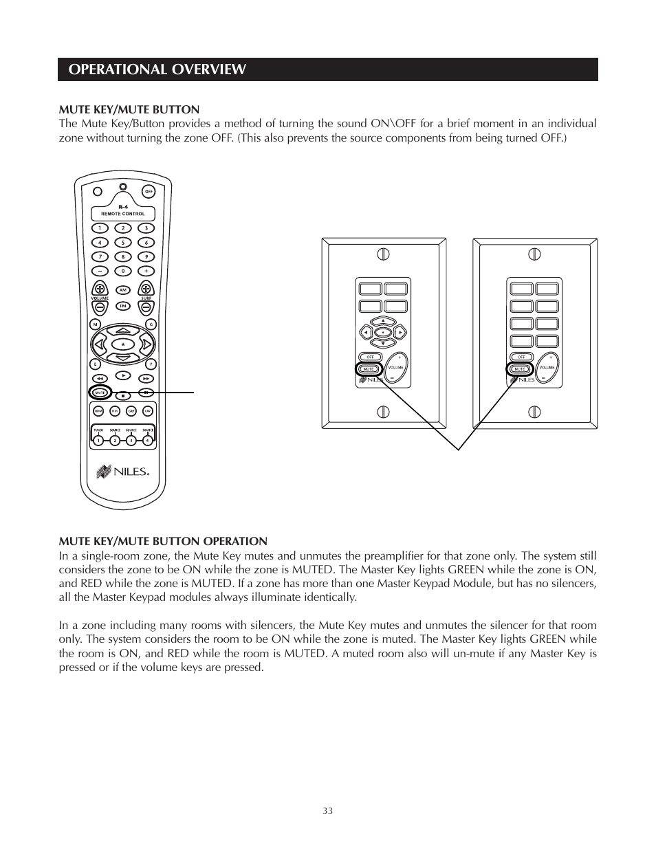 Operational overview, Mute button, Figure 25 | Mute key on the solo, And select, Master keypad module, On the r-4 hand-held remote accessory | Niles Audio A4.6Ci User Manual | Page 33 / 107