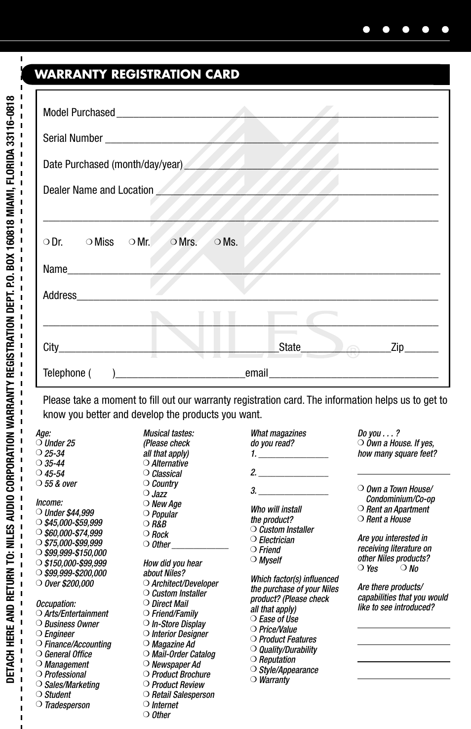 Warranty registration card, Miss | Niles Audio SWA-500M User Manual | Page 23 / 24