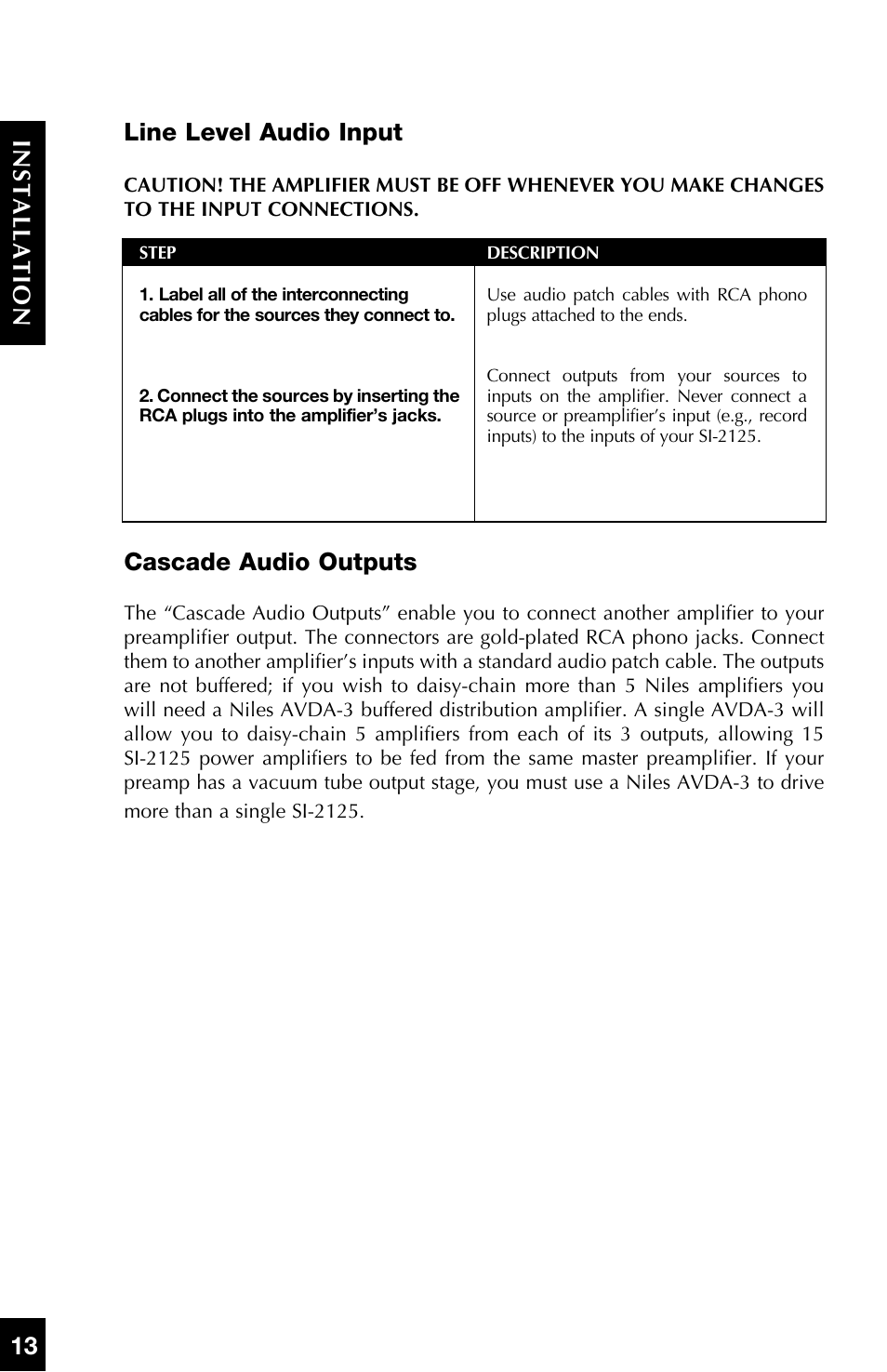 Line level audio input, Cascade audio outputs, 13 installation | Niles Audio SI-2125 User Manual | Page 14 / 20