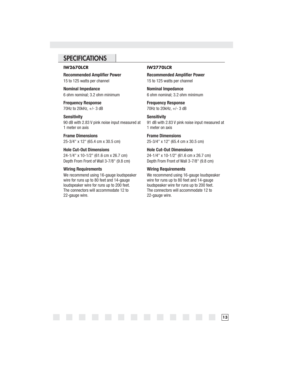 Specifications | Niles Audio IW2770LCR User Manual | Page 15 / 16