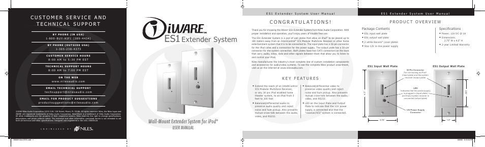 Extender system, Wall-mount extender system for ipod, User manual | Niles Audio Extender System iWare ES1 User Manual | Page 8 / 8