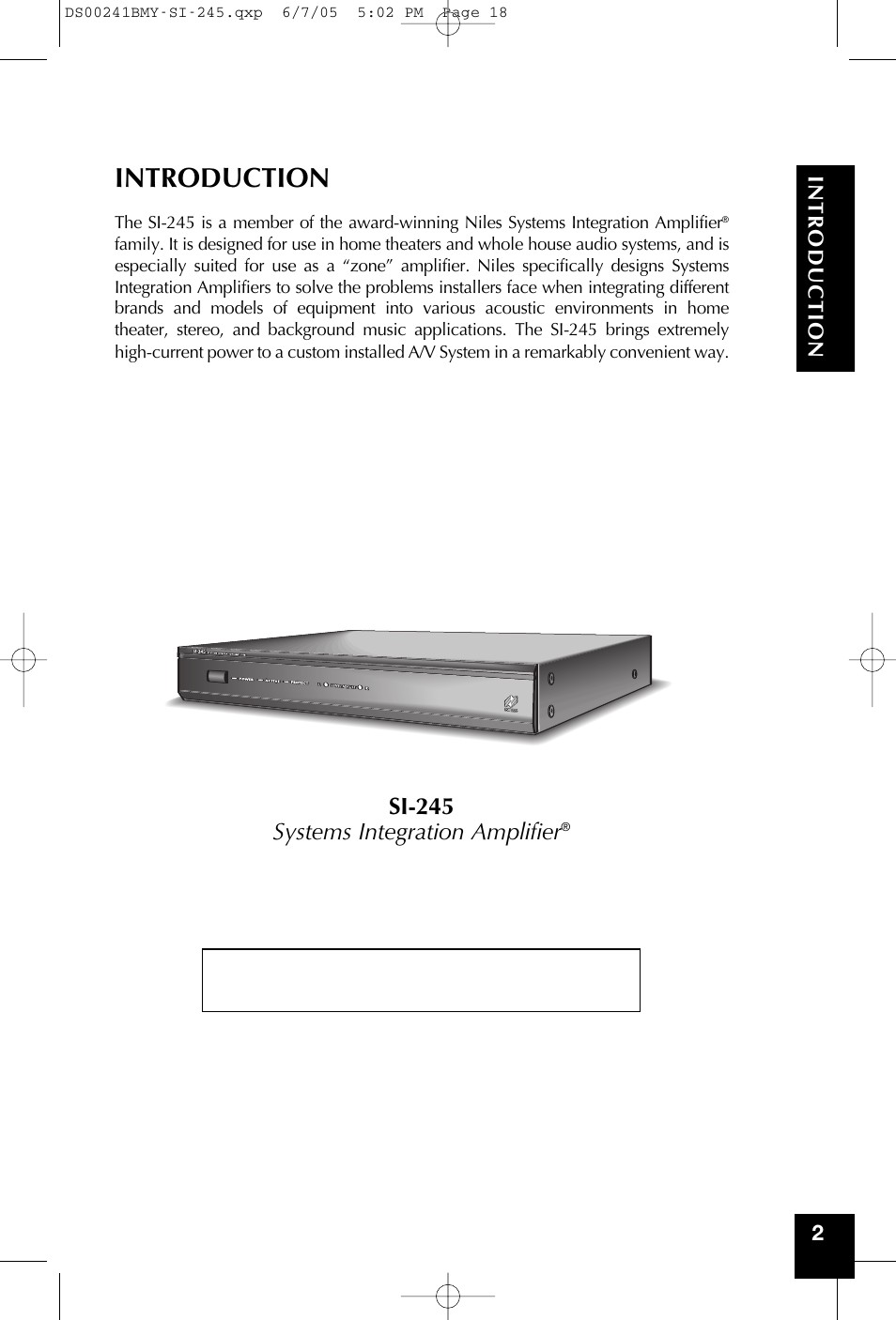 Introduction, Si-245 systems integration amplifier | Niles Audio SI-245 User Manual | Page 19 / 20