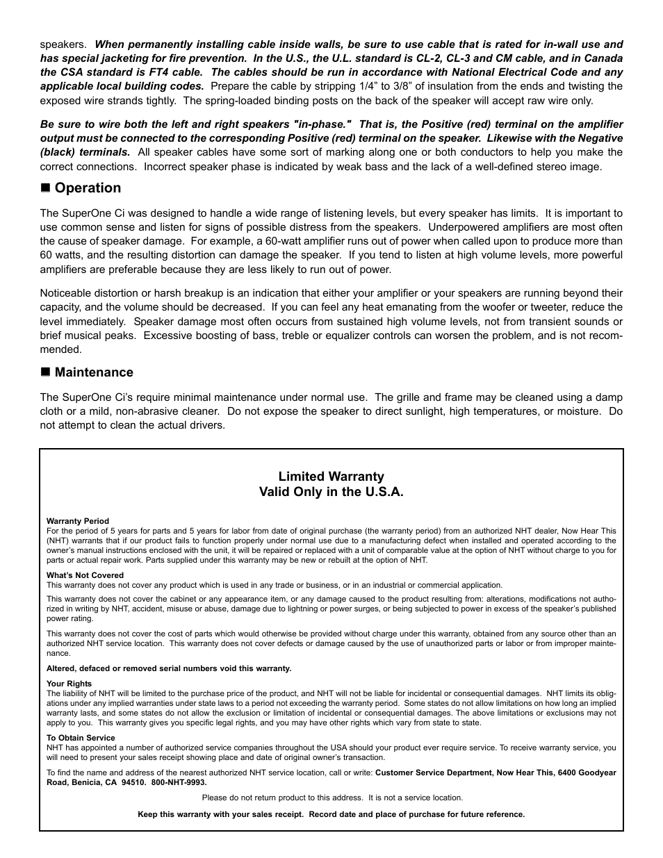 Operation, Maintenance, Limited warranty valid only in the u.s.a | NHT SuperOne Ci User Manual | Page 7 / 7