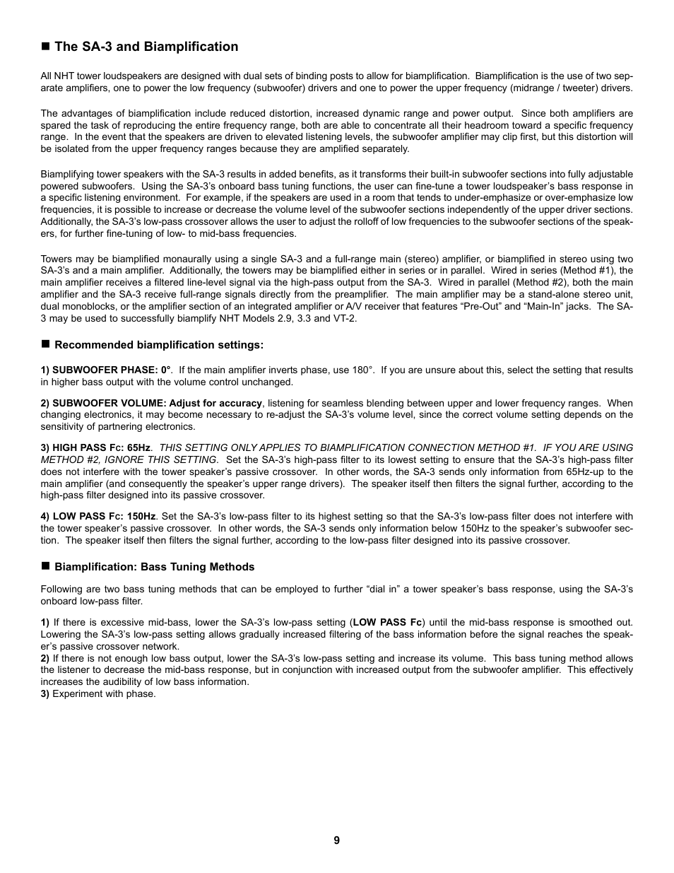 The sa-3 and biamplification | NHT SA-3 User Manual | Page 11 / 16