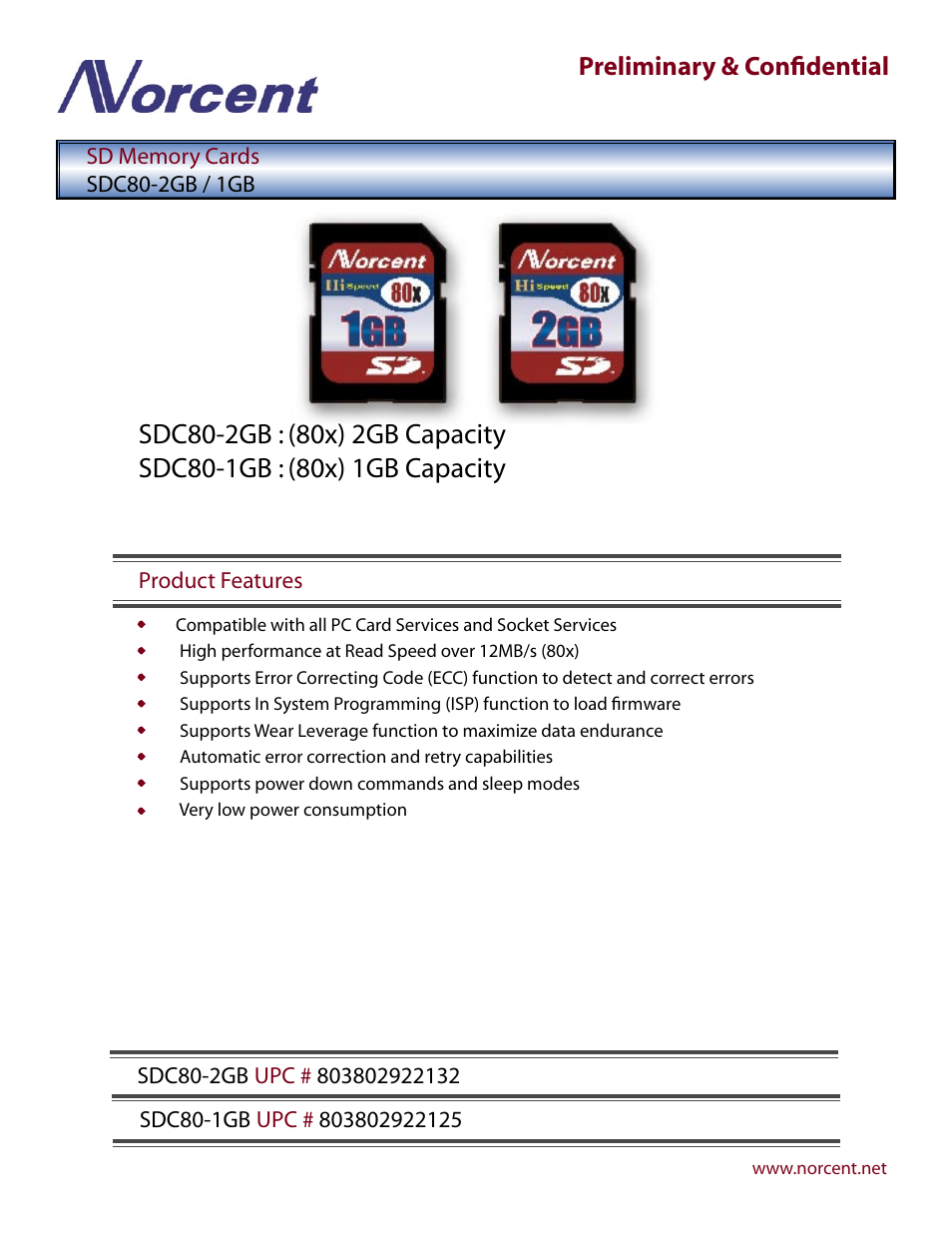 Norcent Technologies SD Memory Cards SDC80-2GB / 1GB User Manual | 1 page