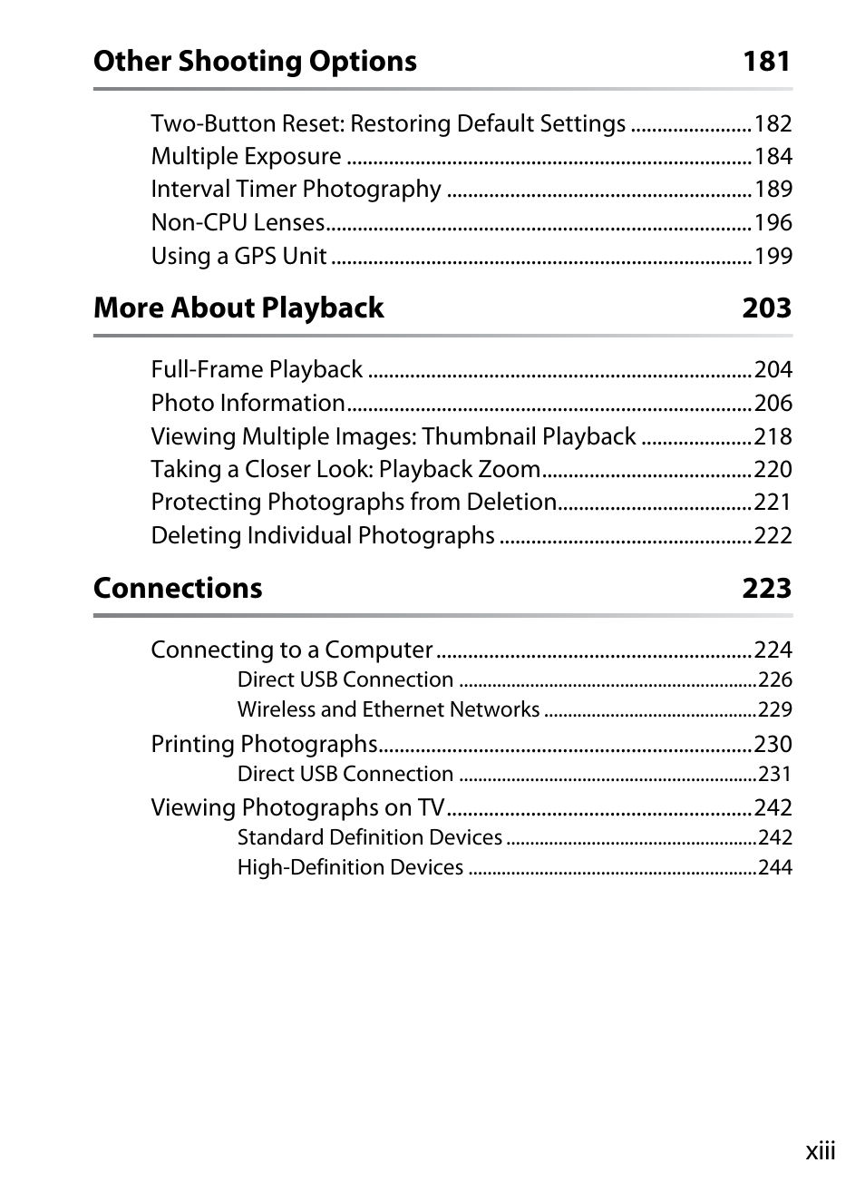 Other shooting options 181, More about playback 203, Connections 223 | Nikon D300 User Manual | Page 15 / 452