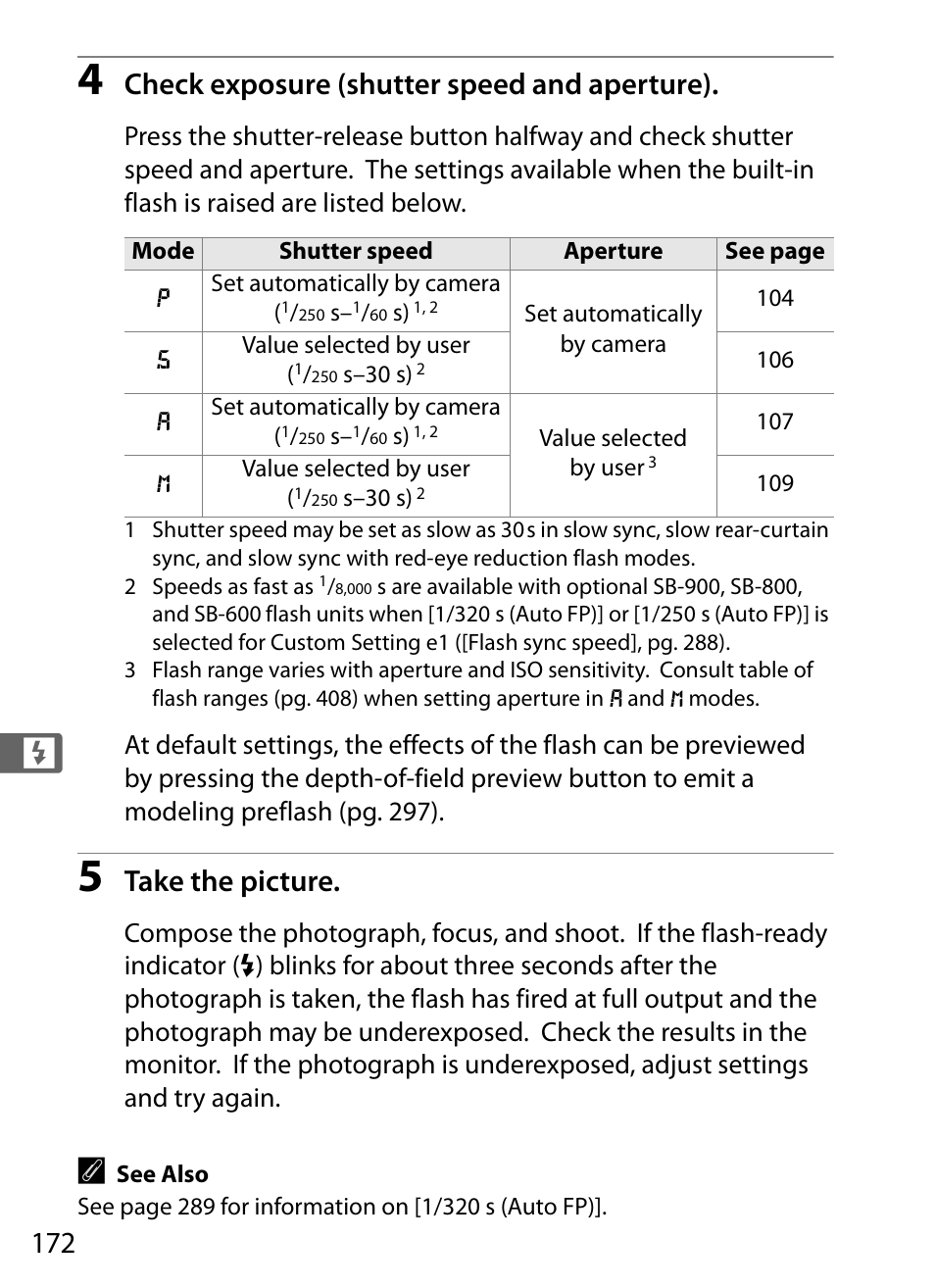 Check exposure (shutter speed and aperture), Take the picture | Nikon D300 User Manual | Page 198 / 452