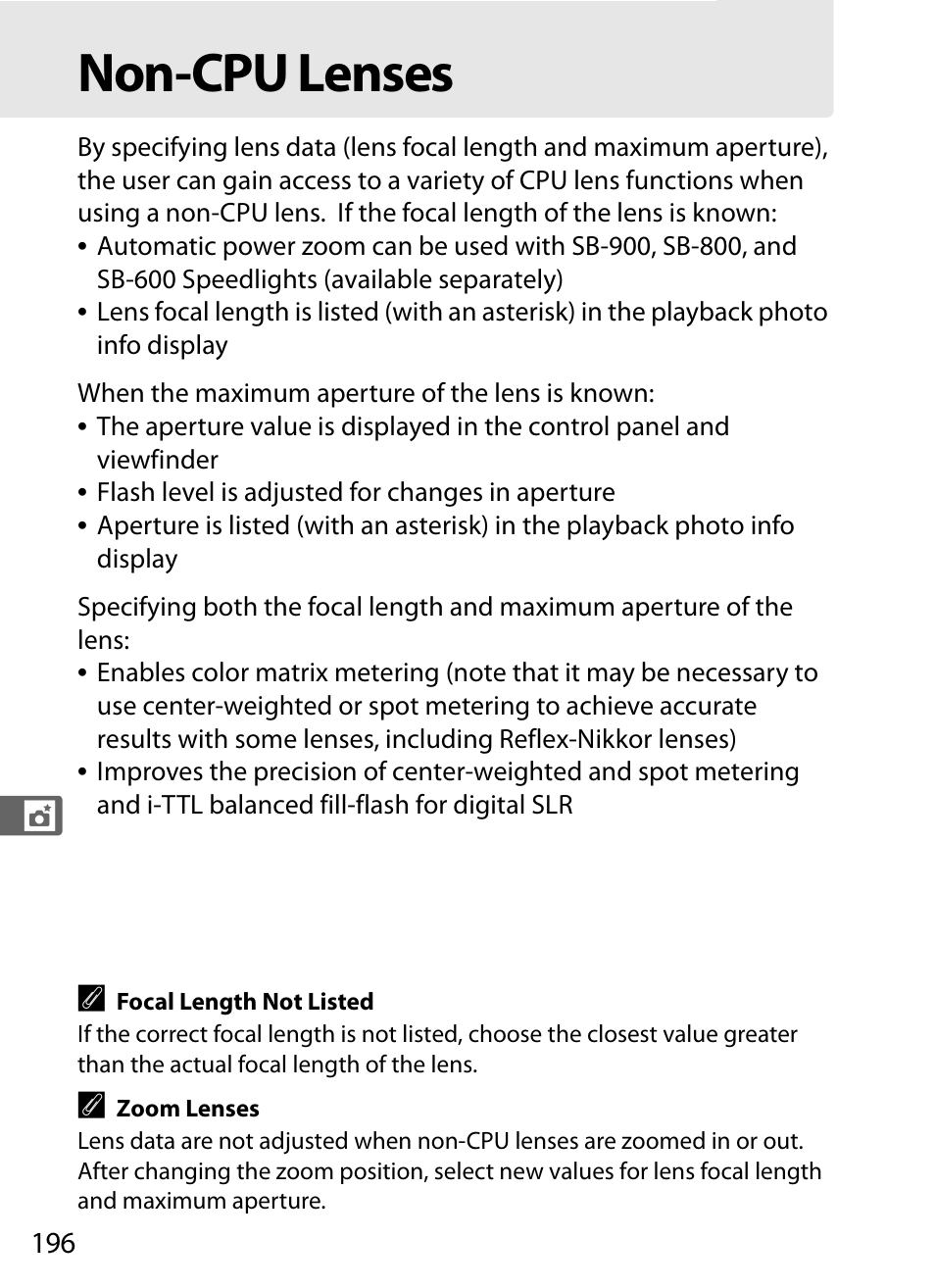 Non-cpu lenses | Nikon D300 User Manual | Page 222 / 452