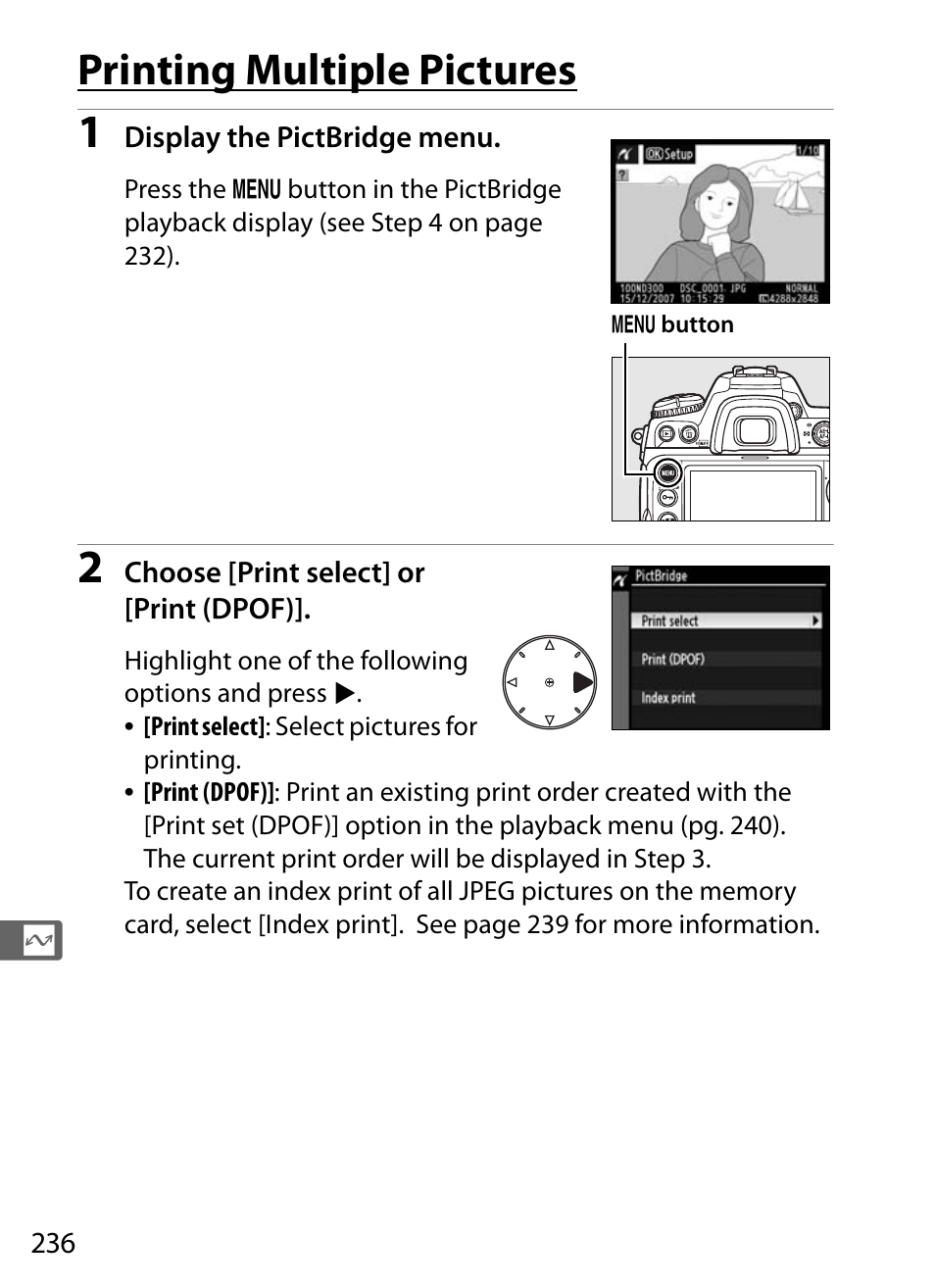 Printing multiple pictures | Nikon D300 User Manual | Page 262 / 452