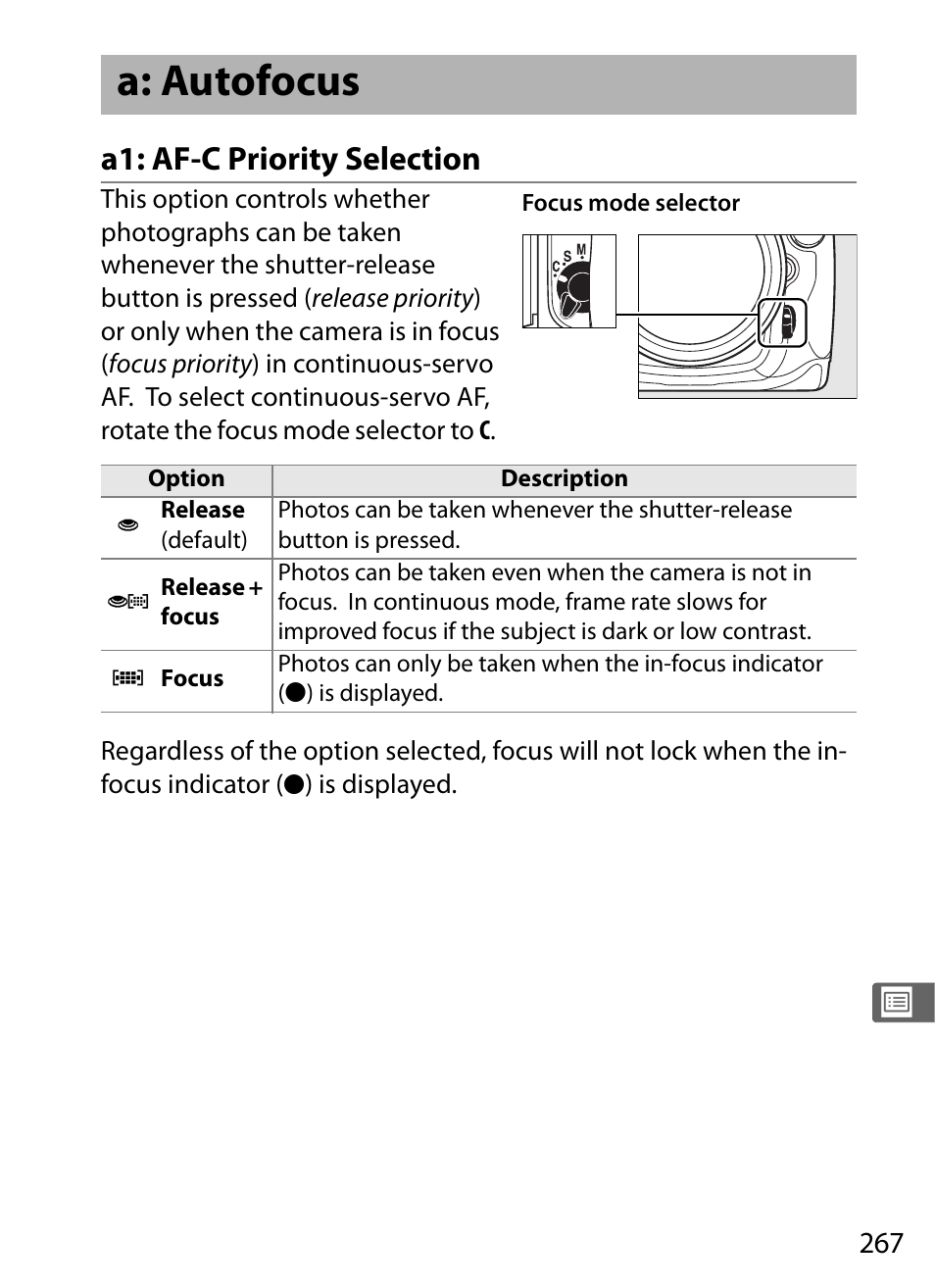 A: autofocus, A1: af-c priority selection | Nikon D300 User Manual | Page 293 / 452