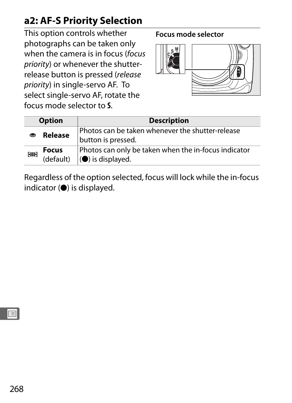 A2: af-s priority selection | Nikon D300 User Manual | Page 294 / 452