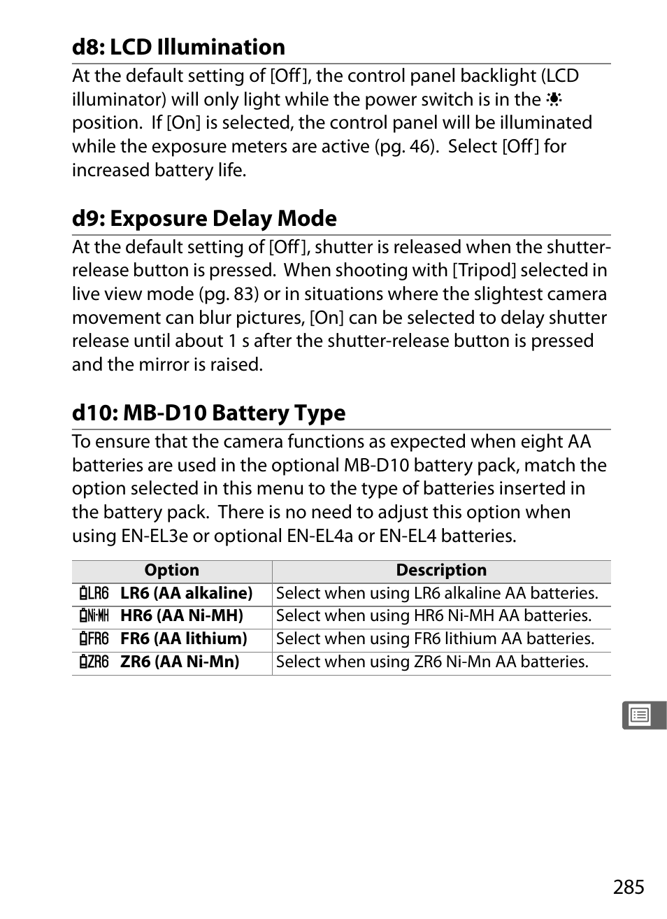 D8: lcd illumination, D9: exposure delay mode, D10: mb-d10 battery type | Nikon D300 User Manual | Page 311 / 452