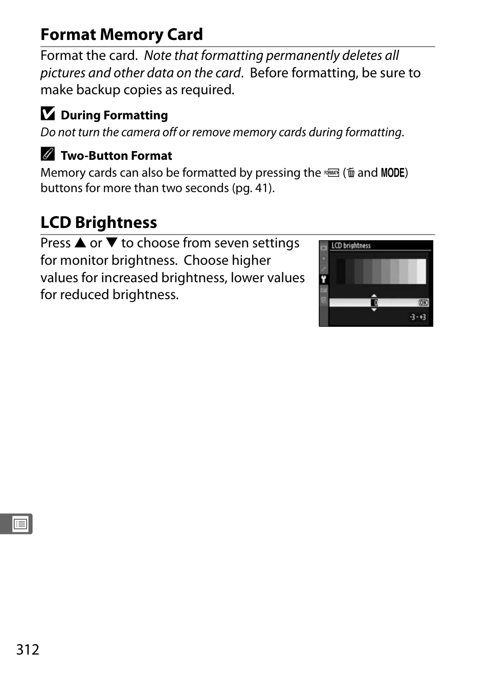 Format memory card, Lcd brightness | Nikon D300 User Manual | Page 338 / 452