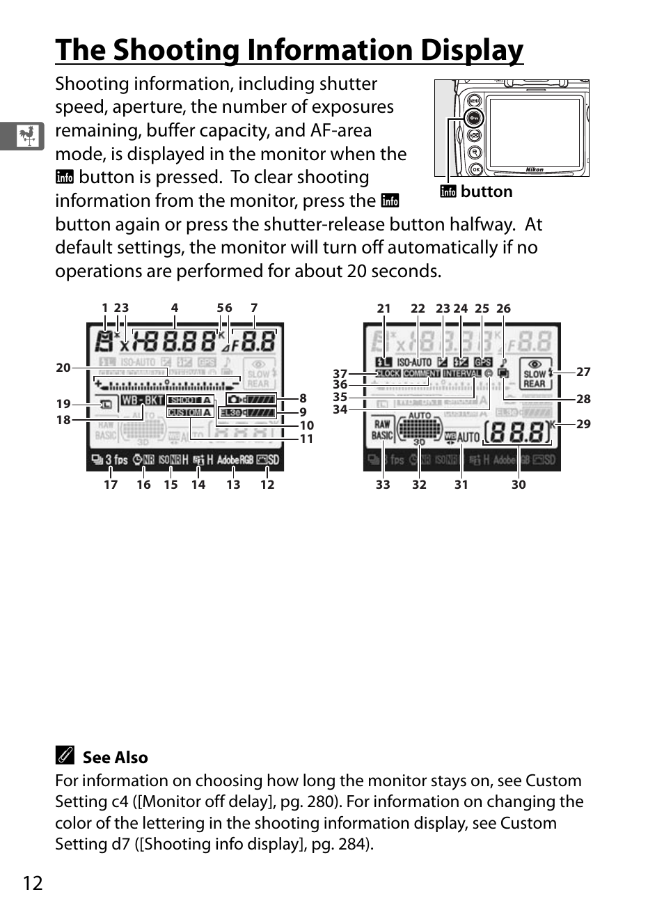 The shooting information display | Nikon D300 User Manual | Page 38 / 452
