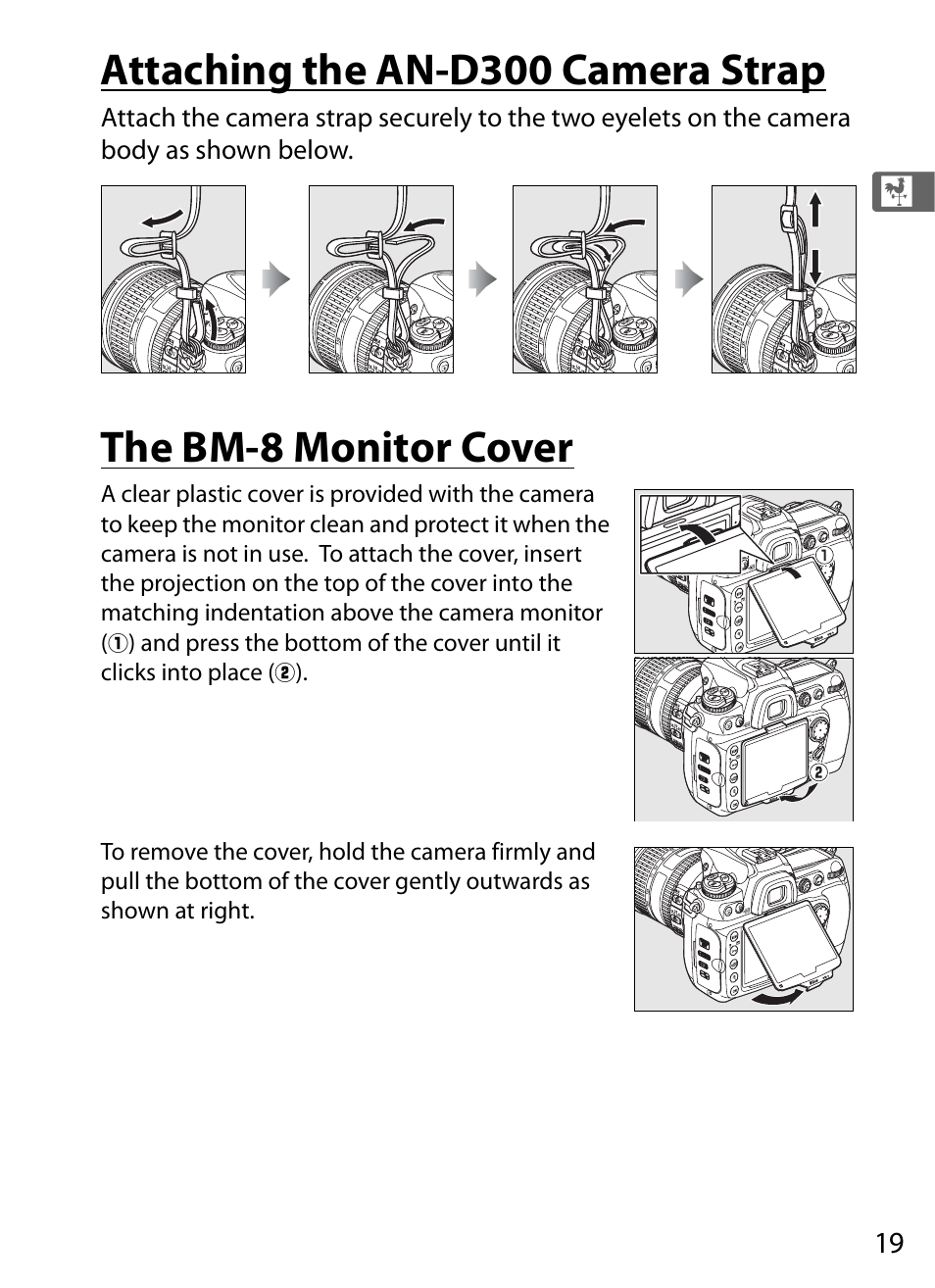 Attaching the an-d300 camera strap, The bm-8 monitor cover | Nikon D300 User Manual | Page 45 / 452
