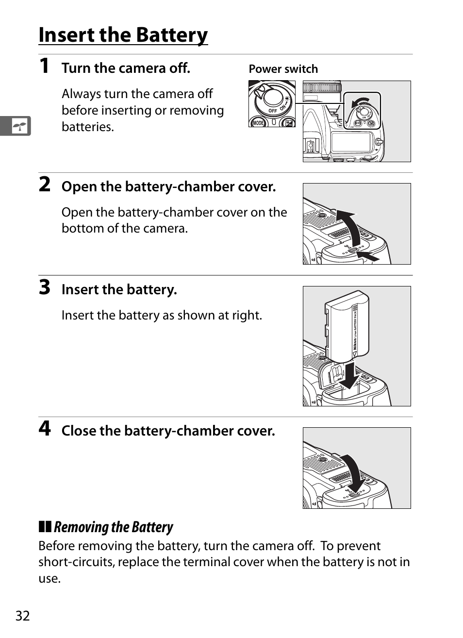 Insert the battery | Nikon D300 User Manual | Page 58 / 452