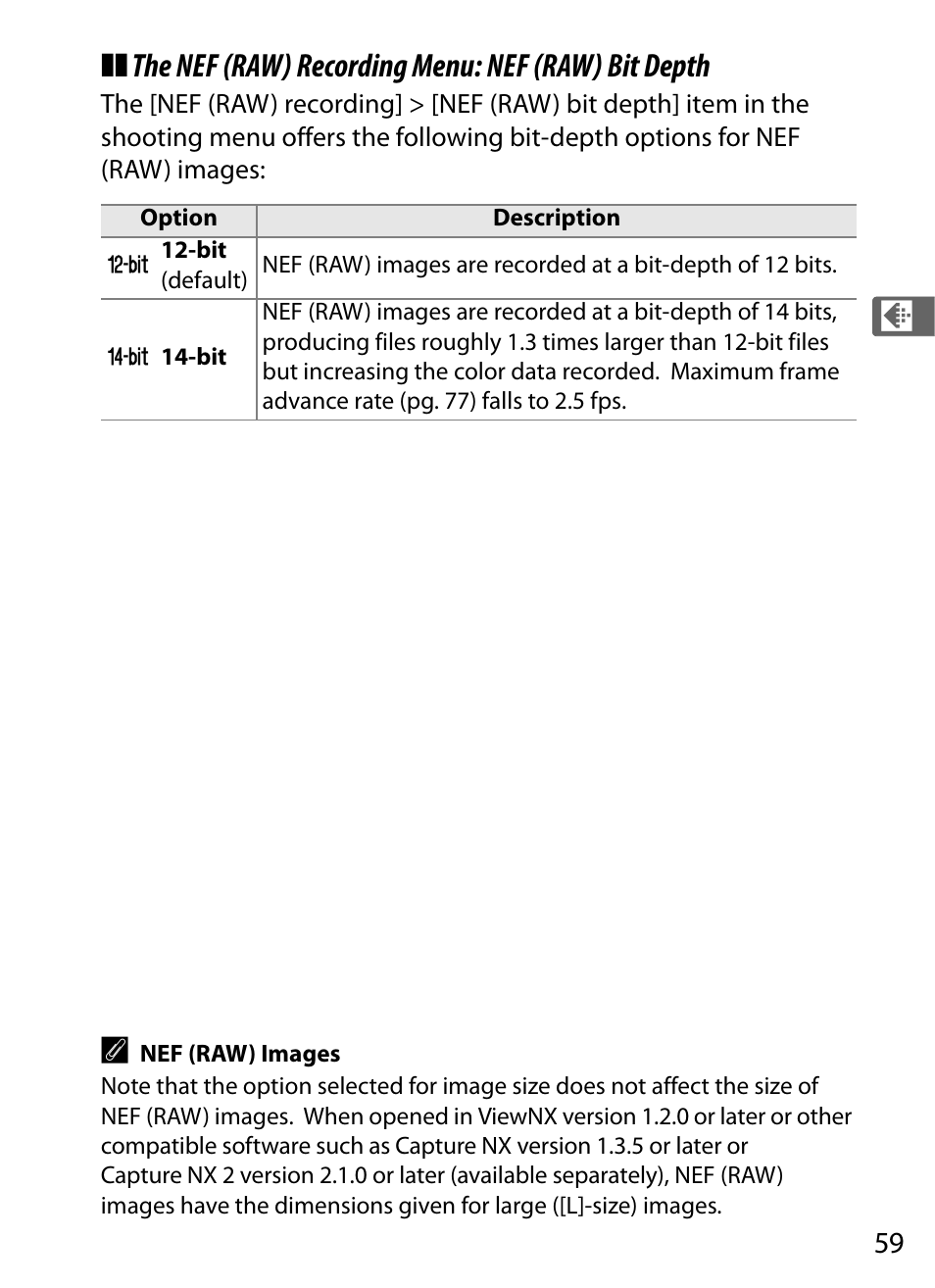 The nef (raw) recording menu: nef (raw) bit depth | Nikon D300 User Manual | Page 85 / 452