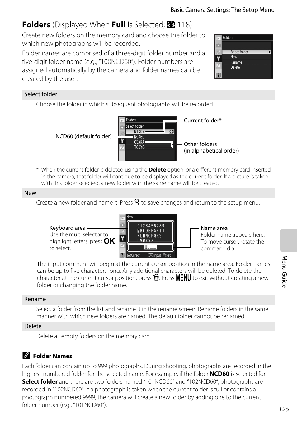 Folders, Folders (a 125), A 125 | Displayed when full is selected; a 118) | Nikon D60 User Manual | Page 137 / 204