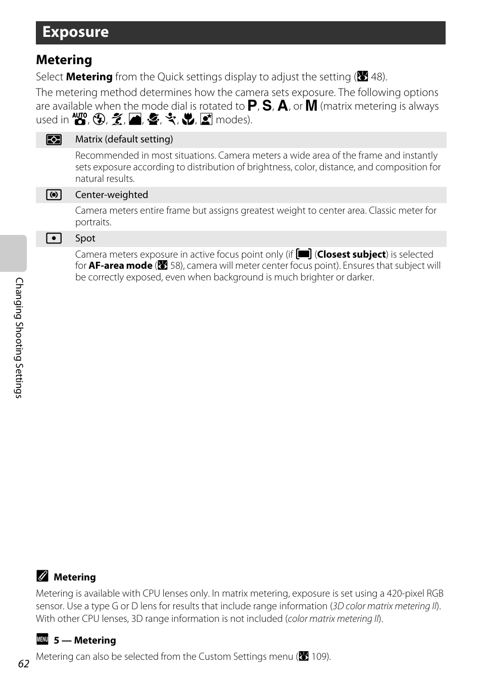 Exposure, Metering, A 62) | Nikon D60 User Manual | Page 74 / 204