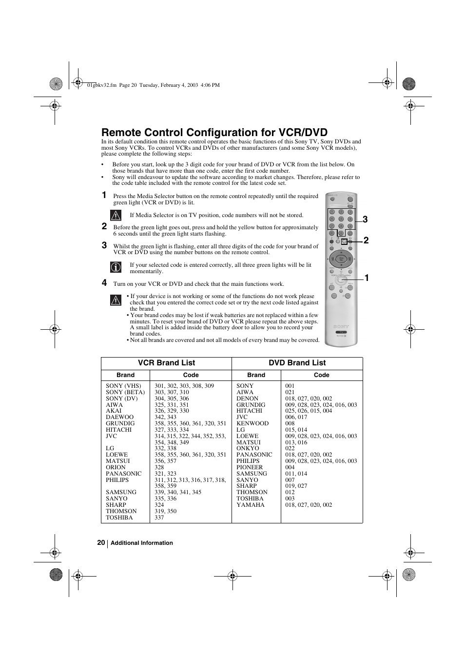 Remote control configuration for vcr/dvd | Sony KV-32FX68K User Manual | Page 20 / 124