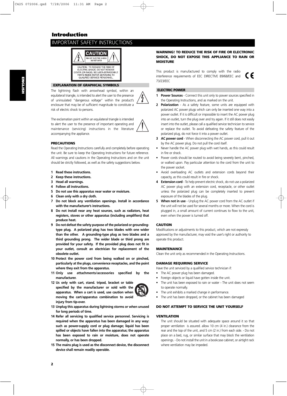 Important safety instructions, Introduction | NAD C 425 User Manual | Page 2 / 68