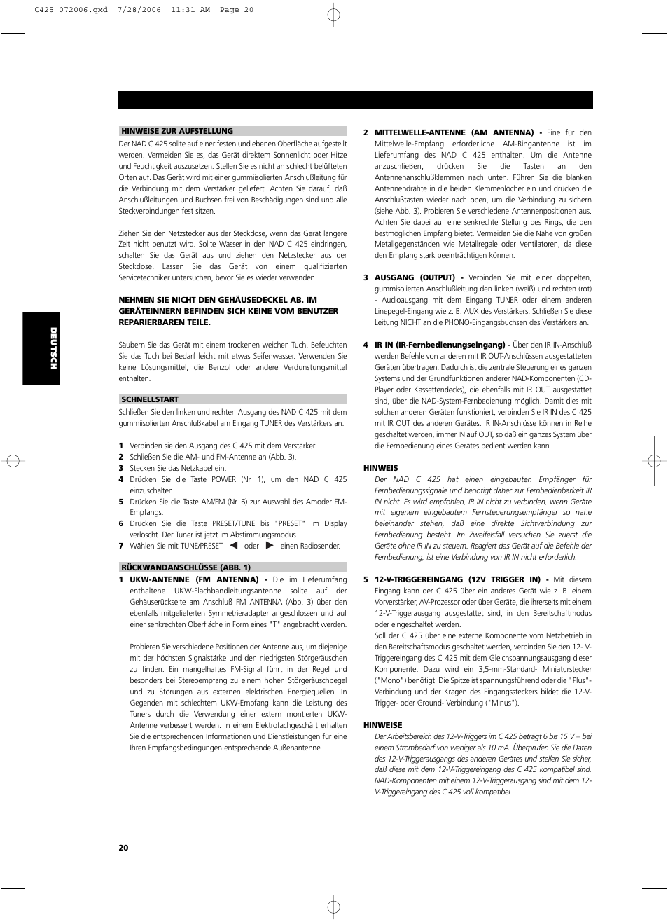 NAD C 425 User Manual | Page 20 / 68