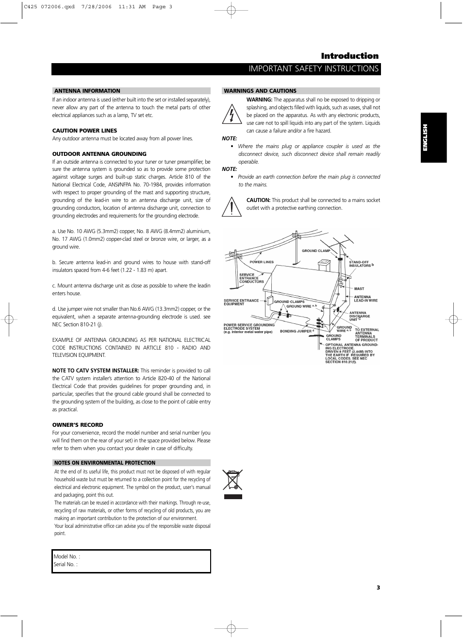 Important safety instructions, Introduction | NAD C 425 User Manual | Page 3 / 68