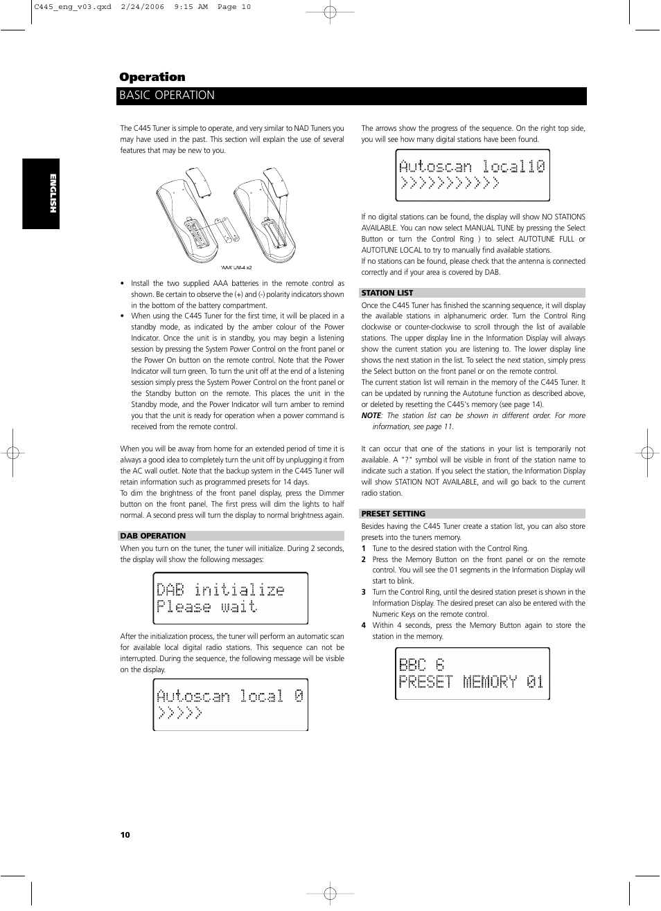 Basic operation, Operation | NAD C 445 User Manual | Page 10 / 16