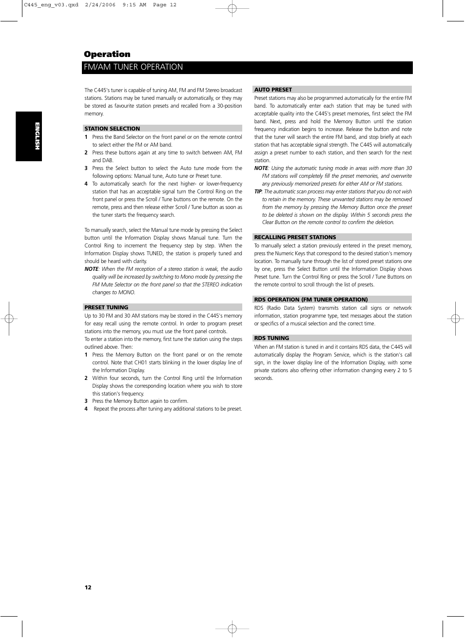 Fm/am tuner operation operation | NAD C 445 User Manual | Page 12 / 16