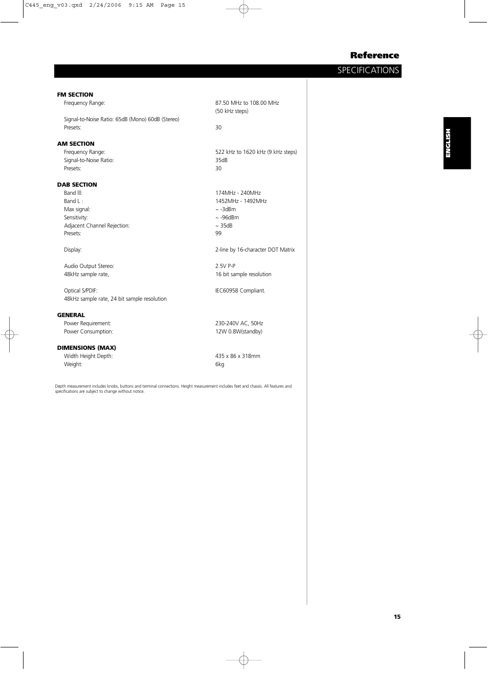 Specifications reference | NAD C 445 User Manual | Page 15 / 16