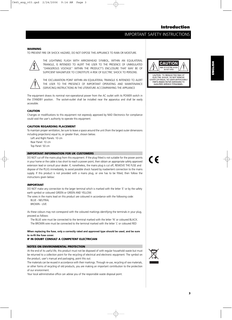 Introduction important safety instructions | NAD C 445 User Manual | Page 3 / 16