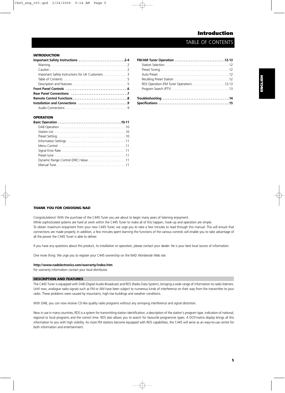 Introduction table of contents | NAD C 445 User Manual | Page 5 / 16