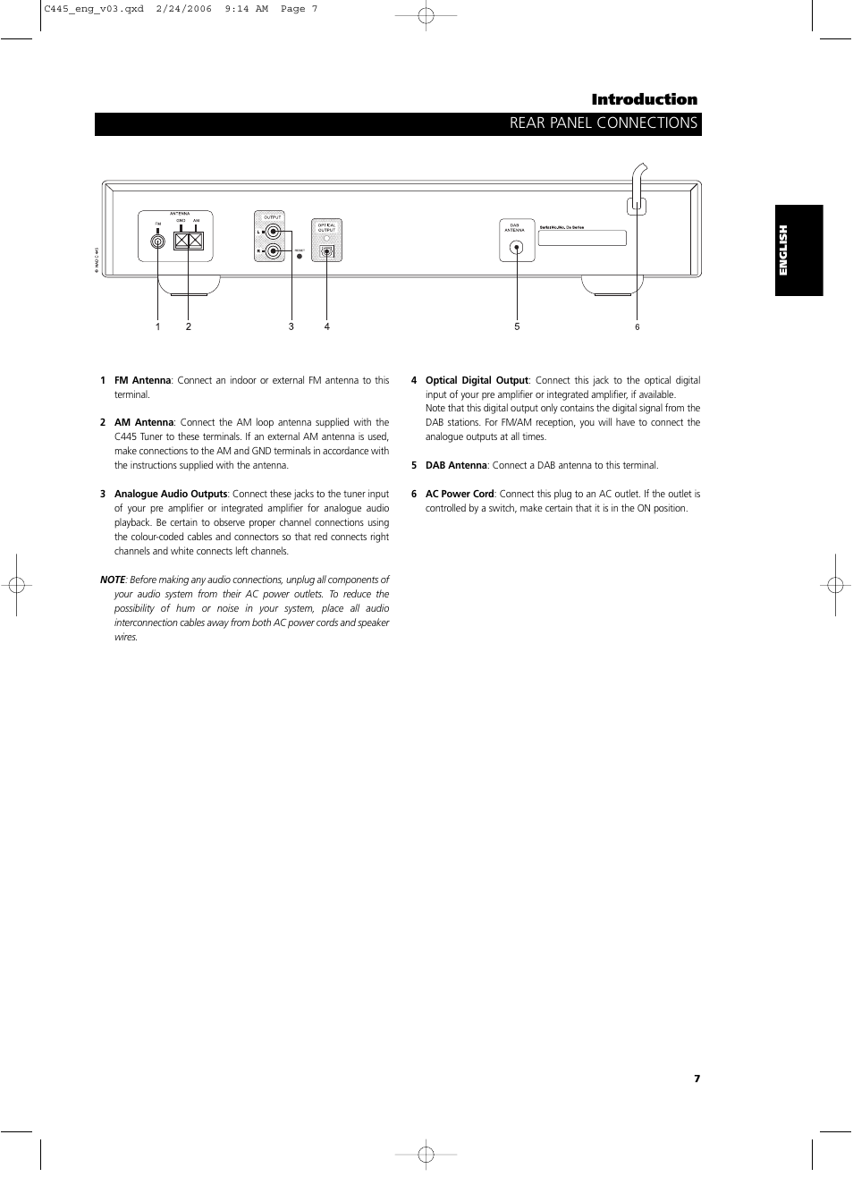 Rear panel connections, Introduction | NAD C 445 User Manual | Page 7 / 16