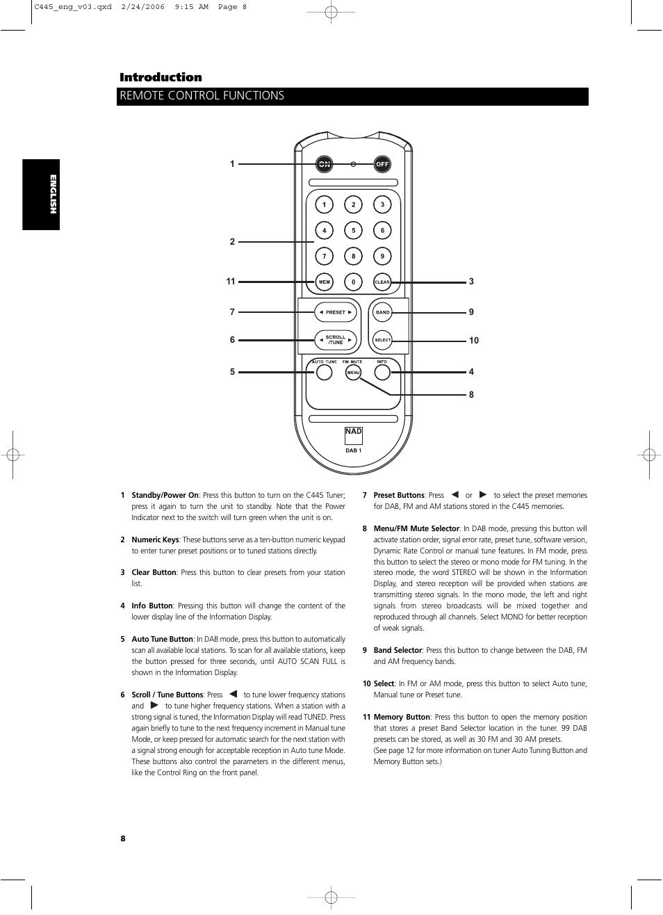 Remote control functions, Introduction | NAD C 445 User Manual | Page 8 / 16