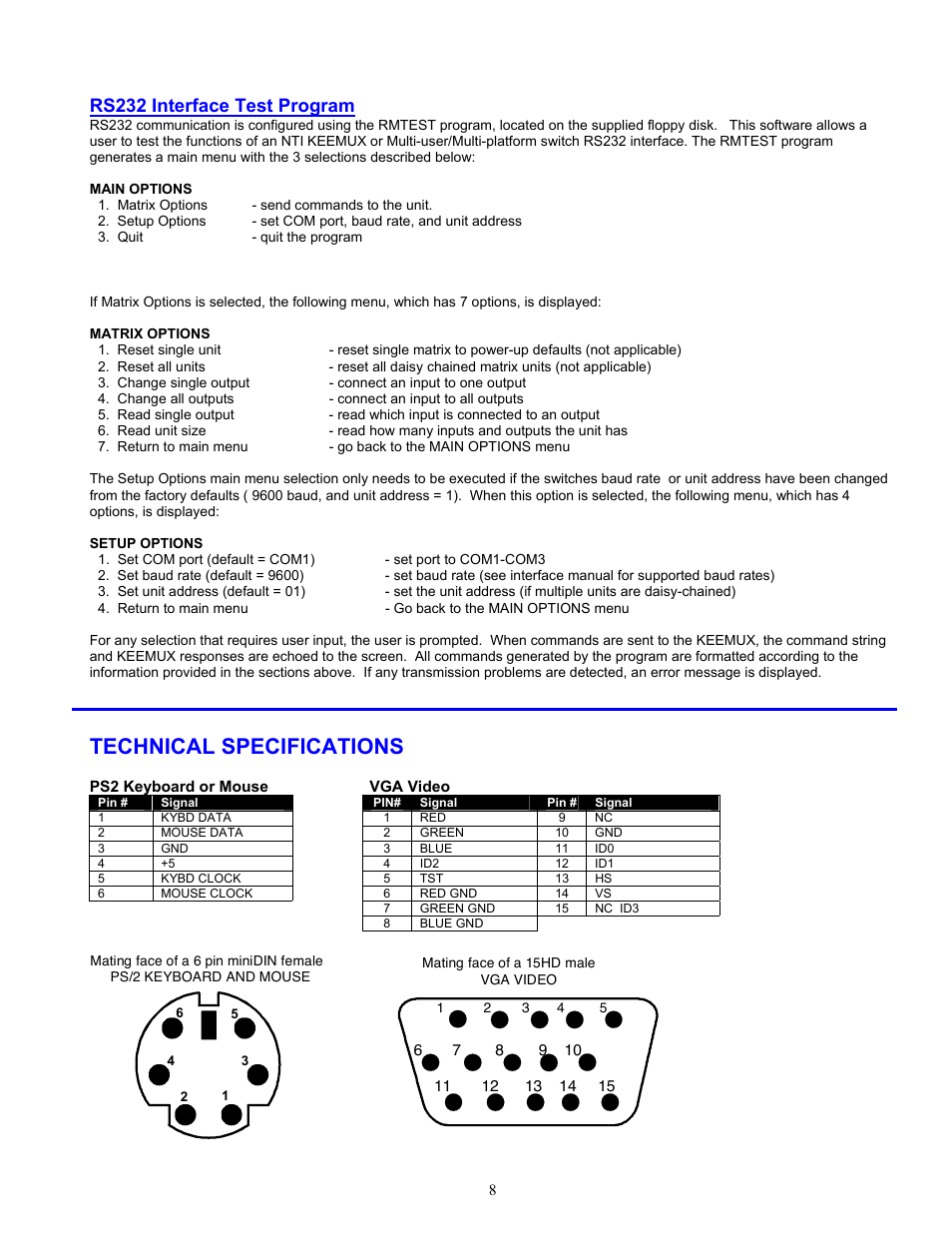 Technical specifications, Rs232 interface test program | Network Technologies KEEMUX-P2 User Manual | Page 10 / 12