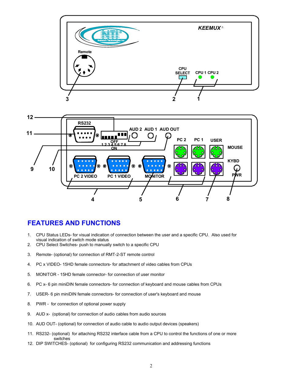 Features and functions, Keemux, Aud 1 | Rs232 | Network Technologies KEEMUX-P2 User Manual | Page 4 / 12