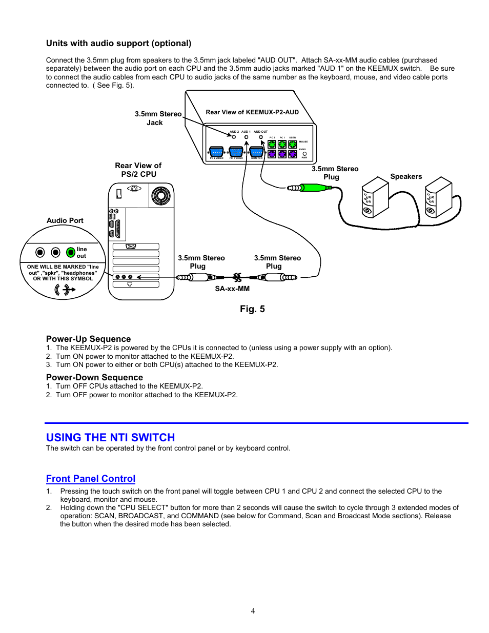 Using the nti switch, Front panel control, Fig. 5 | Units with audio support (optional), Power-up sequence, Power-down sequence | Network Technologies KEEMUX-P2 User Manual | Page 6 / 12