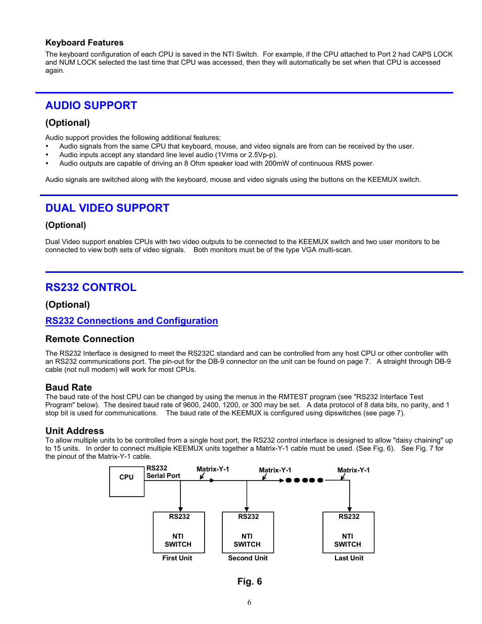 Audio support, Dual video support, Rs232 control | Optional), Rs232 connections and configuration, Remote connection, Baud rate, Unit address, Fig. 6 | Network Technologies KEEMUX-P2 User Manual | Page 8 / 12