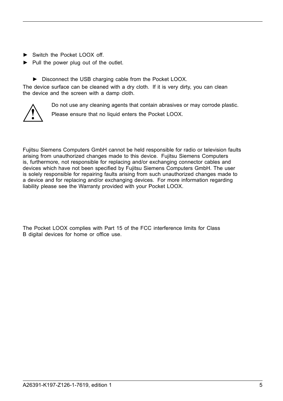 Cleaning your pocket loox, Liability, Fcc marking | Navigon POCKET LOOX N100 User Manual | Page 13 / 48