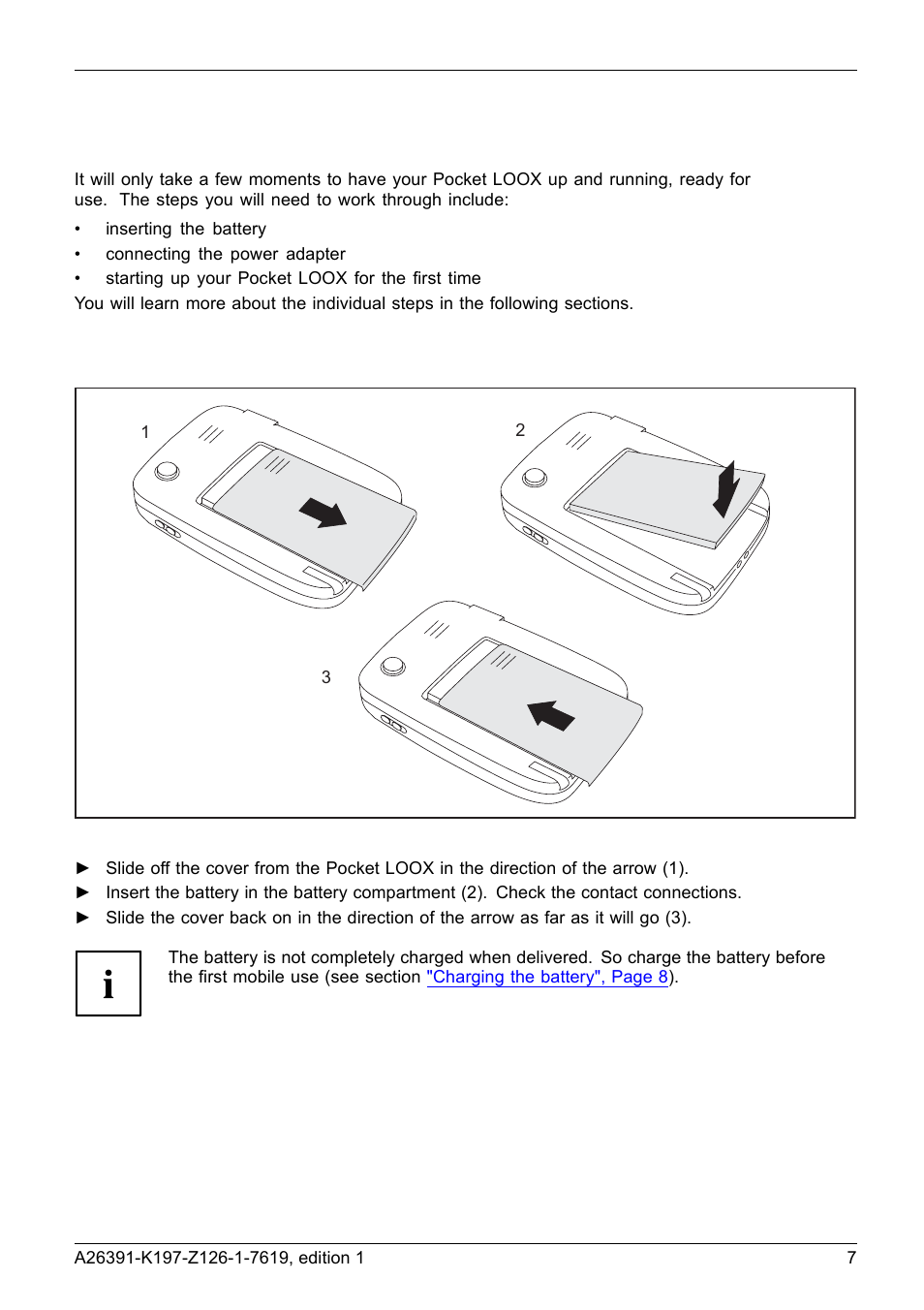 Getting started, Inserting the battery | Navigon POCKET LOOX N100 User Manual | Page 15 / 48