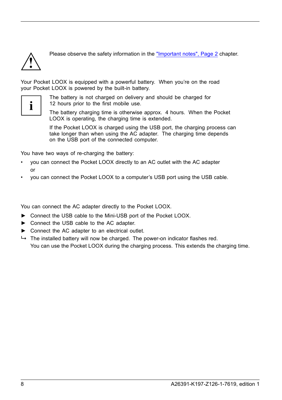 Charging the battery, Charging the battery using the ac adapter | Navigon POCKET LOOX N100 User Manual | Page 16 / 48