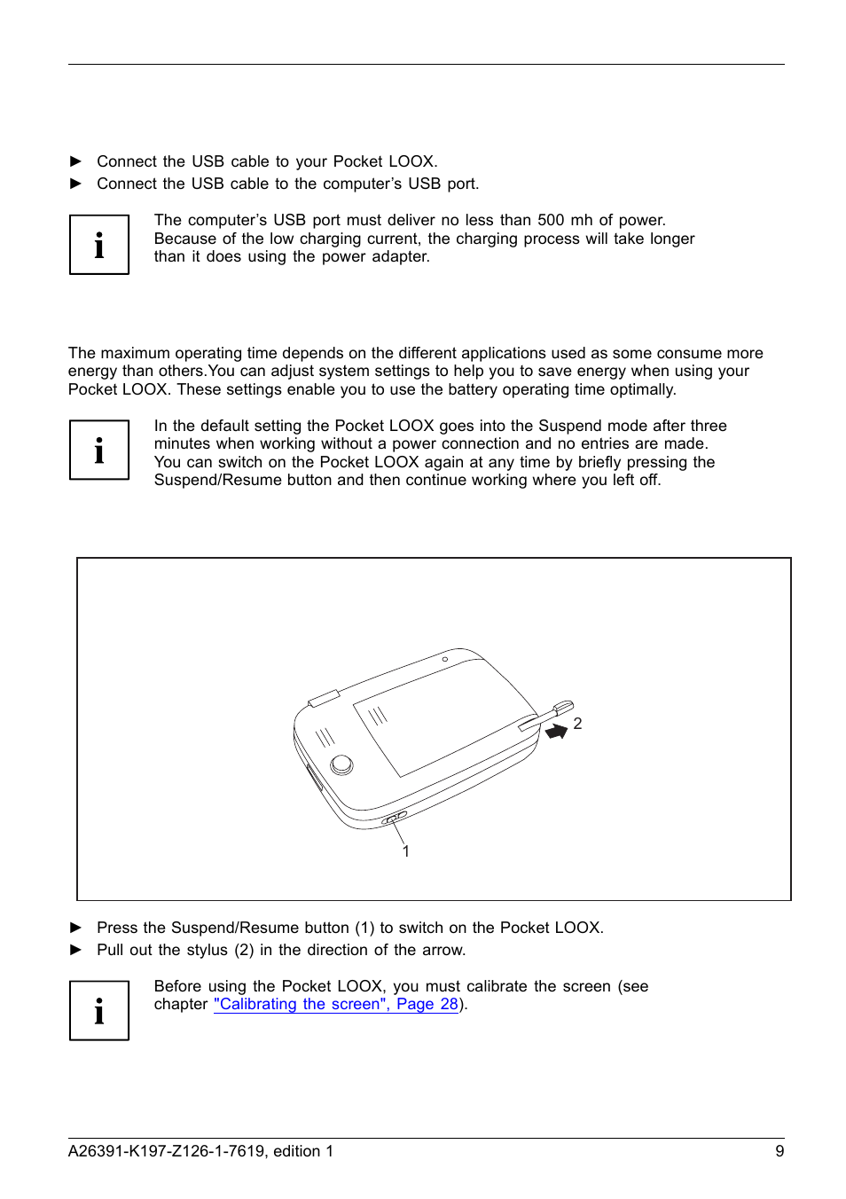 Battery charging via a usb port, Optimizing battery life, Starting up your pocket loox for the first time | Navigon POCKET LOOX N100 User Manual | Page 17 / 48