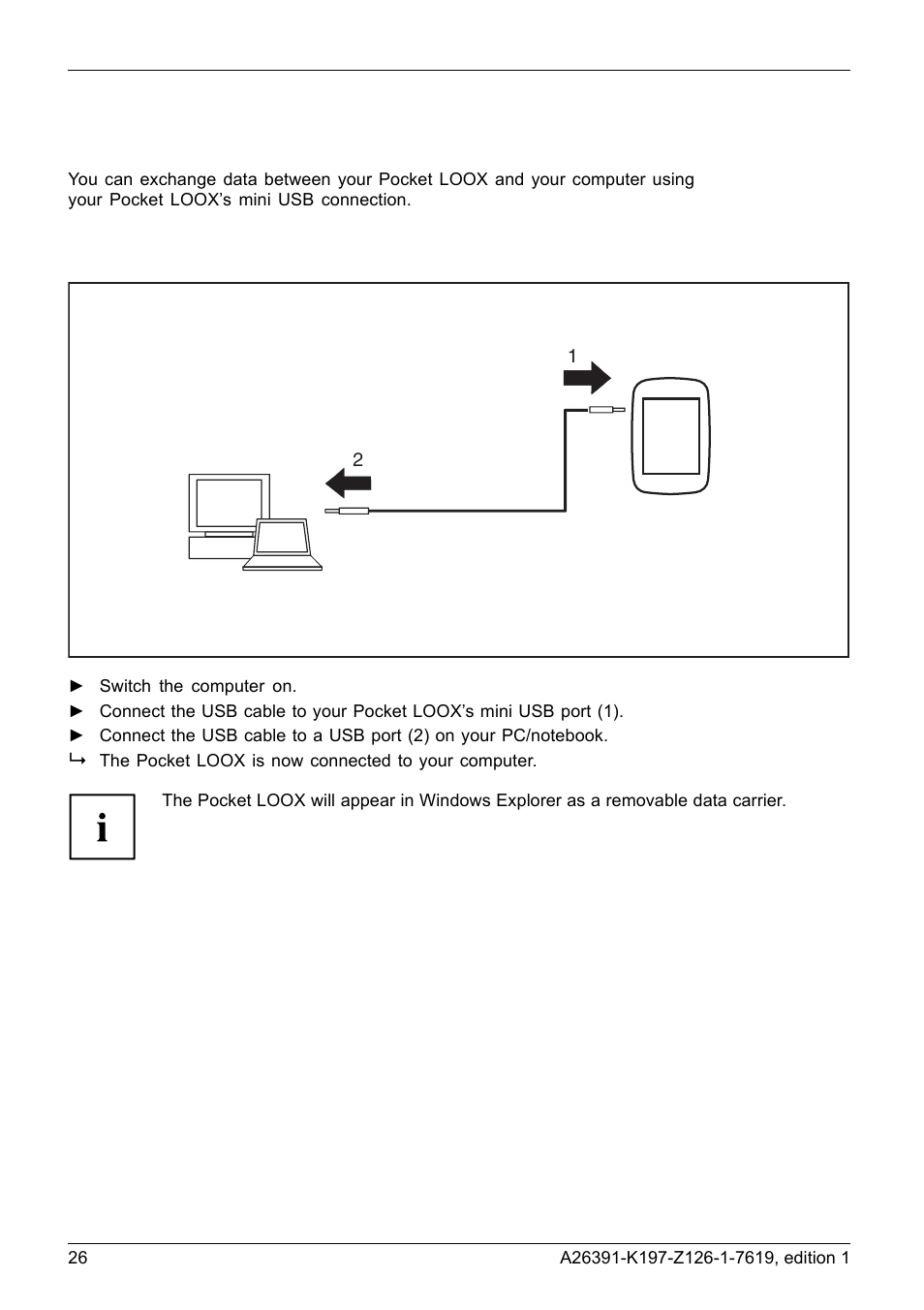 Data transfer using usb, Pocket loox connecting with computer | Navigon POCKET LOOX N100 User Manual | Page 34 / 48