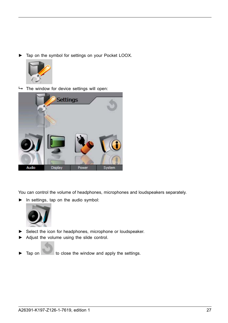 Device settings, Calling up device settings, Adjusting the volume | Navigon POCKET LOOX N100 User Manual | Page 35 / 48
