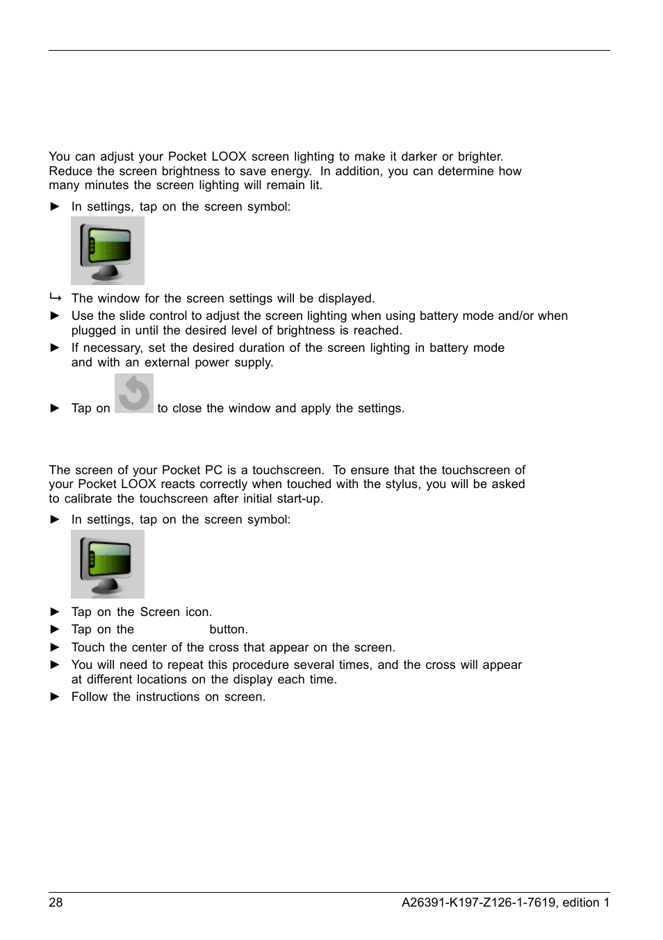 Adjusting screen, Adjusting screen lighting, Calibrating the screen | Navigon POCKET LOOX N100 User Manual | Page 36 / 48